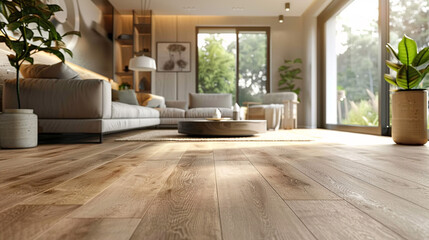 A sleek, contemporary living space where wide-plank light oak vinyl flooring runs uninterrupted wall-to-wall, paired with floating furniture to keep focus on the floora??s pattern.