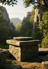 Stone Pedestal in Lush Forest Landscape – Natural Outdoor Scene