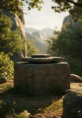Stone Pedestal in Lush Forest Landscape – Natural Outdoor Scene