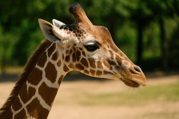 Obraz premium Zoo scene featuring a giraffe's profile under bright sunlight