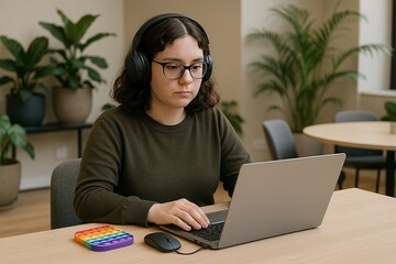 Woman working on laptop with colorful pop it toy on desk