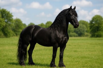 Fototapeta premium Purebred Friesian horse grazing peacefully in the fields
