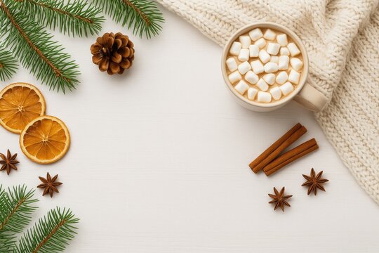Cozy winter scene featuring a pine cone, evergreen branches, hot chocolate with marshmallows, knitted blanket, dried citrus slices, spices on a white wooden surface with empty space for text