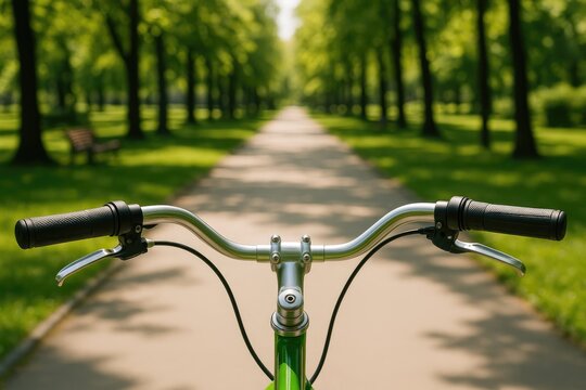View from bicycle handlebars along a park alley in a lush urban setting