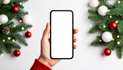 Woman hand holding modern smartphone mockup with blank screen on white background


