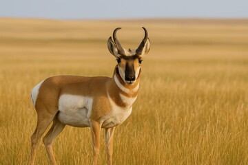 Fototapeta premium Pronghorn Antelope roaming through a vast Saskatchewan landscape