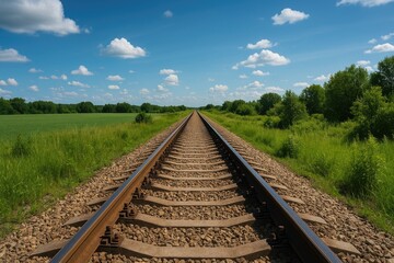 Train Tracks Extending Toward the Horizon Under a Sky