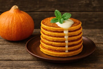 Homemade pumpkin pancakes garnished with fresh mint and drizzled sauce, set against a vintage wooden surface with a rustic ambiance and selective focus.