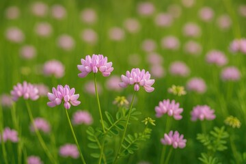 Fototapeta premium Elegant purple crown vetch and soft pink wildflowers flourishing in a field