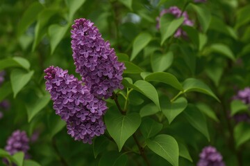 Violet lilac blossoms set against lush green foliage