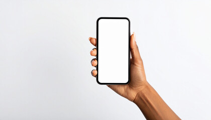 Woman hand holding modern smartphone mockup with blank screen on white background

