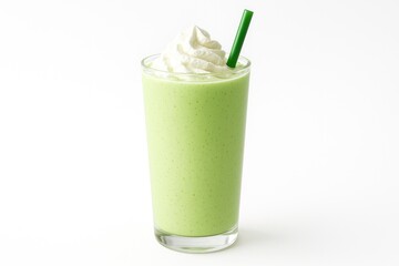 A delicious milkshake served in a glass against a plain white backdrop