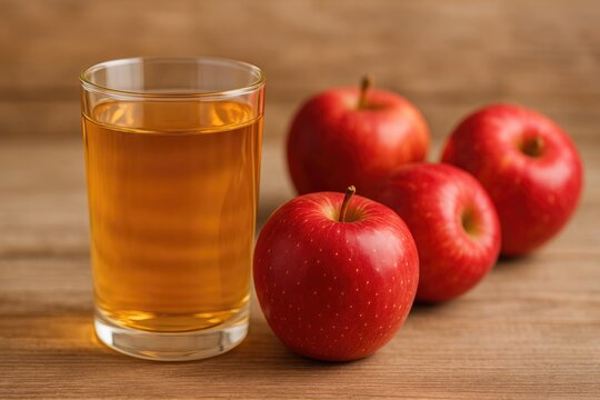 A close-up of a juice glass with fresh red apples on a rustic wooden surface, featuring a blurred background and narrow depth of field.