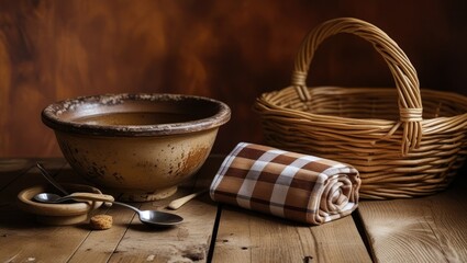 Rustic still life featuring a weathered ceramic bowl filled with liquid a woven basket and a checkered cloth on a wooden surface