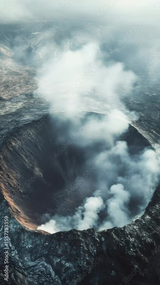 Poster dense, white smoke rises from the depths of a volcanic crater, creating a dramatic display of geothe