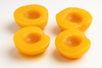 Sweet golden peaches preserved in syrup on a plain white backdrop