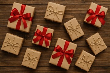 Wooden surface adorned with gift boxes