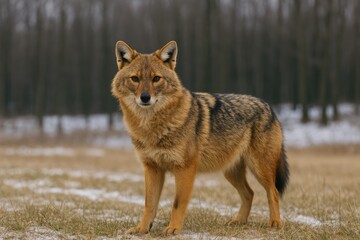 Winter scene featuring a golden jackal gazing at the camera amidst a forested landscape in southeastern Europe