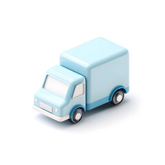 A light-blue, cartoonish delivery truck, rendered in 3D, sits against a stark white background.