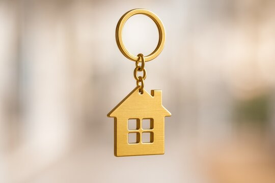 Elegant house-shaped keychain against a soft blurred backdrop, showcasing contemporary design and motion