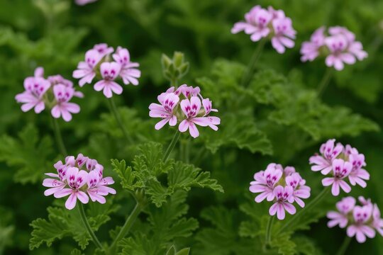 Fragrant Geranium Blossoms (also known as Rose Geranium or Wild Malva) in a European city. Latin name Pelargonium Graveolens, originally from southern Africa.