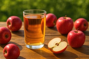 A refreshing drink with crisp red apples and a glass of fresh apple juice