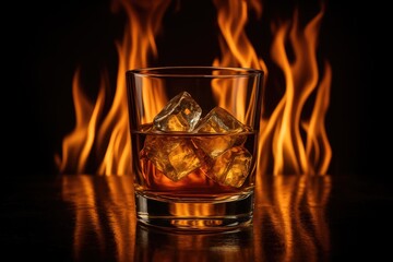 A smoky glass of whiskey with ice against a dark backdrop and blazing flames