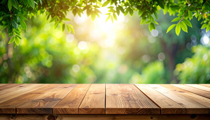 Wooden board table with blurred background for product display or mockup

