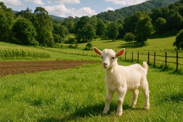 Obraz premium Farm goat surrounded by agricultural elements and scenic landscape