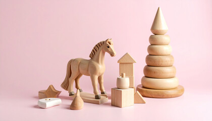 Wooden Pyramid and Horse Toys on Pastel Pink Background – Cute Minimal Baby First Toys

