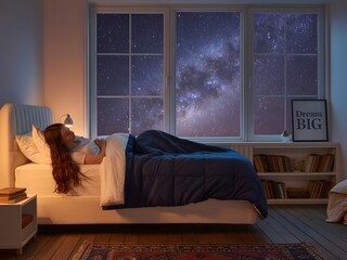 Dreaming Under Starry Skies: A young woman sleeps soundly in her cozy bed, bathed in the soft glow of moonlight filtering through the window.