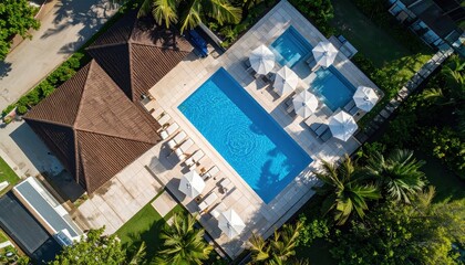 Aerial view of a serene resort pool surrounded by palm trees and loungers on a sunny day