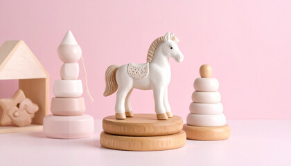 Wooden Pyramid and Horse Toys on Pastel Pink Background – Cute Minimal Baby First Toys

