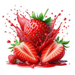  Whole and Sliced Strawberries with Red Juice Splash and Frozen Motion Effect, Isolated on a Pure White Background in a Dynamic Food Photography Style