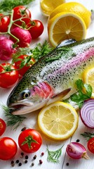 Raw fish with vegetables on white wooden background. Trout fish. Top view