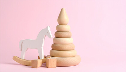 Wooden Pyramid and Horse Toys on Pastel Pink Background – Cute Minimal Baby First Toys

