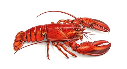 Vivid Red Lobster Illustration on White Background, Detailed Crustacean with Claws and Antennae.