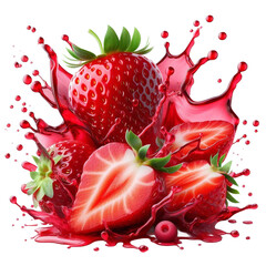  Whole and Sliced Strawberries with Red Juice Splash and Frozen Motion Effect, Isolated on a Pure White Background in a Dynamic Food Photography Style
