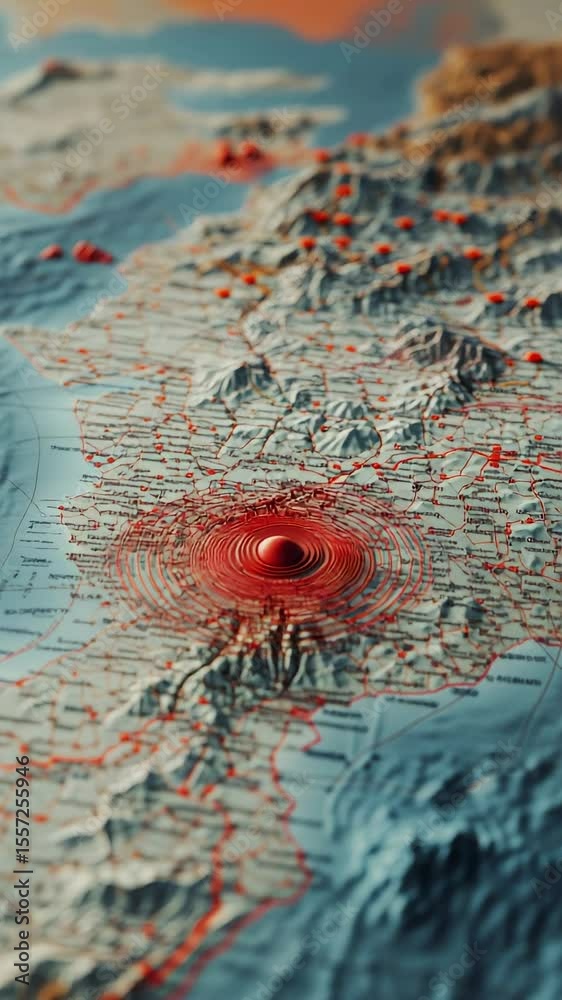 Poster Concentric red circles represent seismic waves expanding from the epicenter of an earthquake on a three dimensional map. Illustrating the impact and propagation of tremors across the affected region