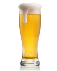 Refreshing Glass of Cold Beer with Frothy Head and Bubbles on White Background
