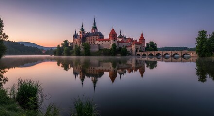 Serene Sunrise Reflection: Bouzov Castles Majestic Dawn.