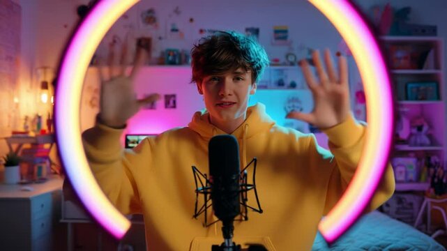 A young content creator shares insights and ideas in a vibrant studio filled with art and personal touches, showcasing a creative workspace at night.