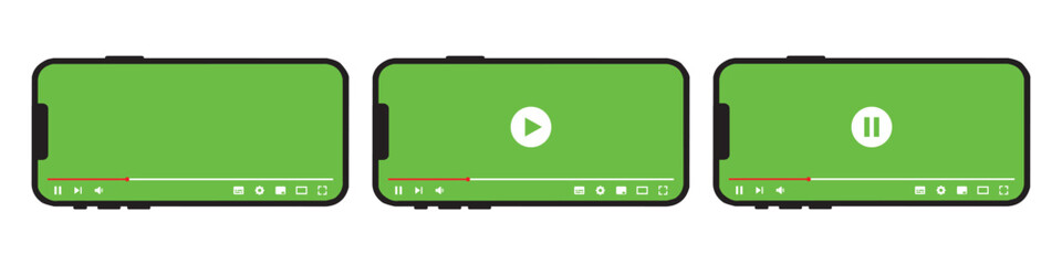 Video player on Smartphone screen template icon. Multimedia player template icon, green screen vector illustration