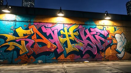 Colorful Street Graffiti Mural on Brick Wall at Night with Bold Spray Paint Lettering and Overhead Lights in Urban Alleyway Setting

 - Powered by Adobe