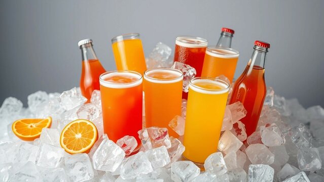 Bunte Glasflaschen und Gl&auml;ser mit Getr&auml;nken auf Eisw&uuml;rfeln, k&uuml;hle Erfrischung f&uuml;r Partys.