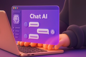3D Render of Chat AI Interface on Laptop Screen for Online Communication
