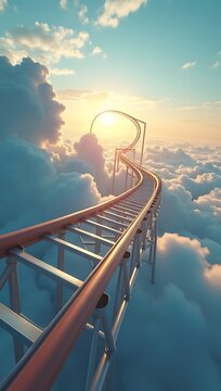 Cinematic 3D rendering of a spiraling roller coaster track twisting into the clouds, symbolizing the unpredictable journey of risk and reward.

