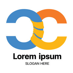 A modern logo design featuring two prominent C shapes.One C is blue and the other is orange,and they appear to be intertwined or linked by a central element in yellow,which has a wrapped appearance