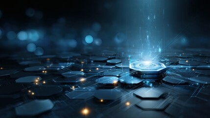 Blue futuristic background with radiant circuit architecture and patterned hexagons orbiting a digital core 