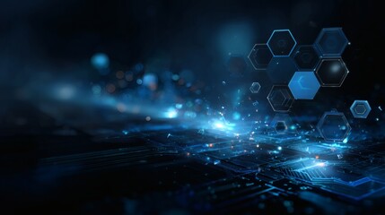 Advanced sci-fi blueprint background with tech-blue illumination, connected digital circuits, and floating hexagon meshes 